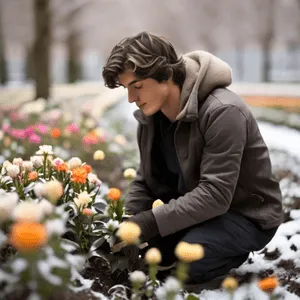 a young man who takes care of the flowers in winter 
